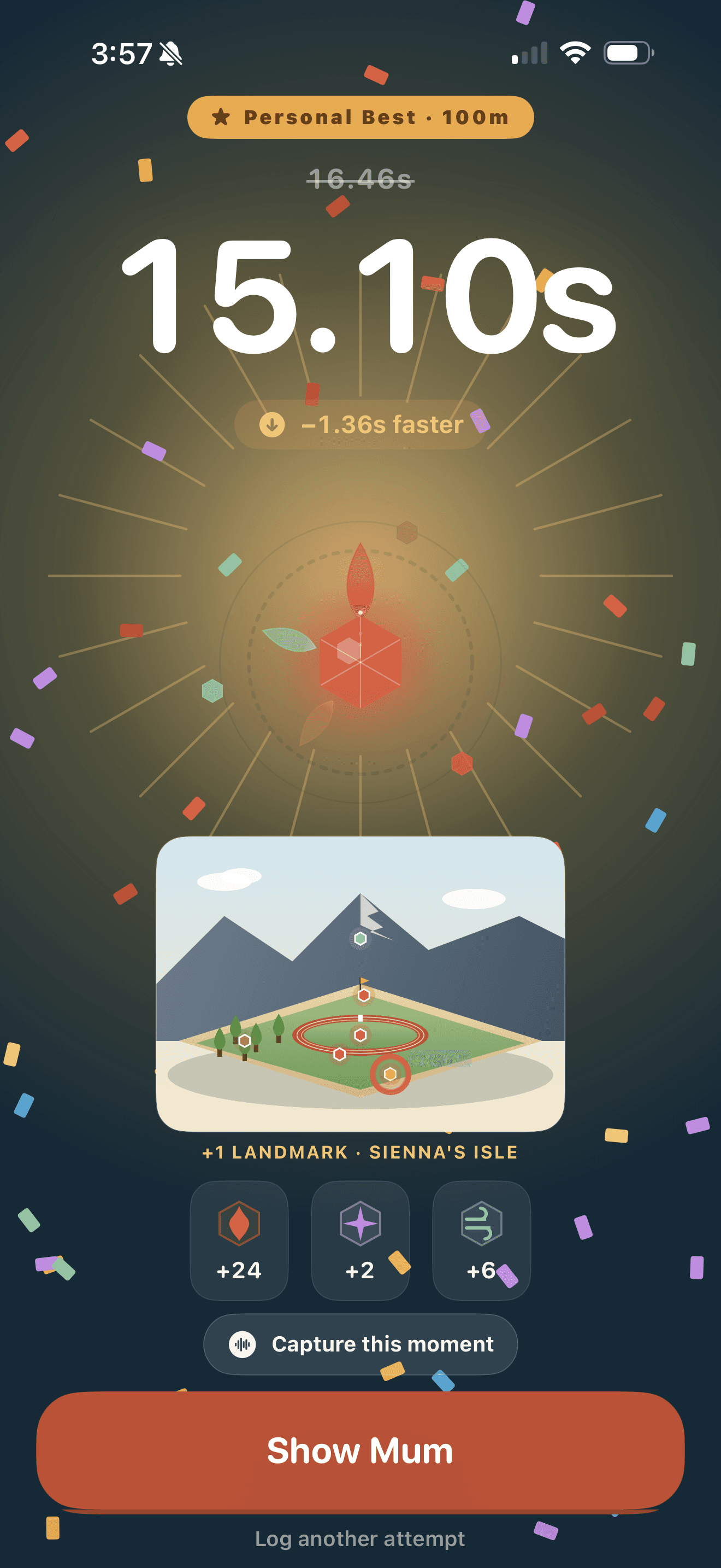 Celebration screen with confetti and a new landmark on the hero's island