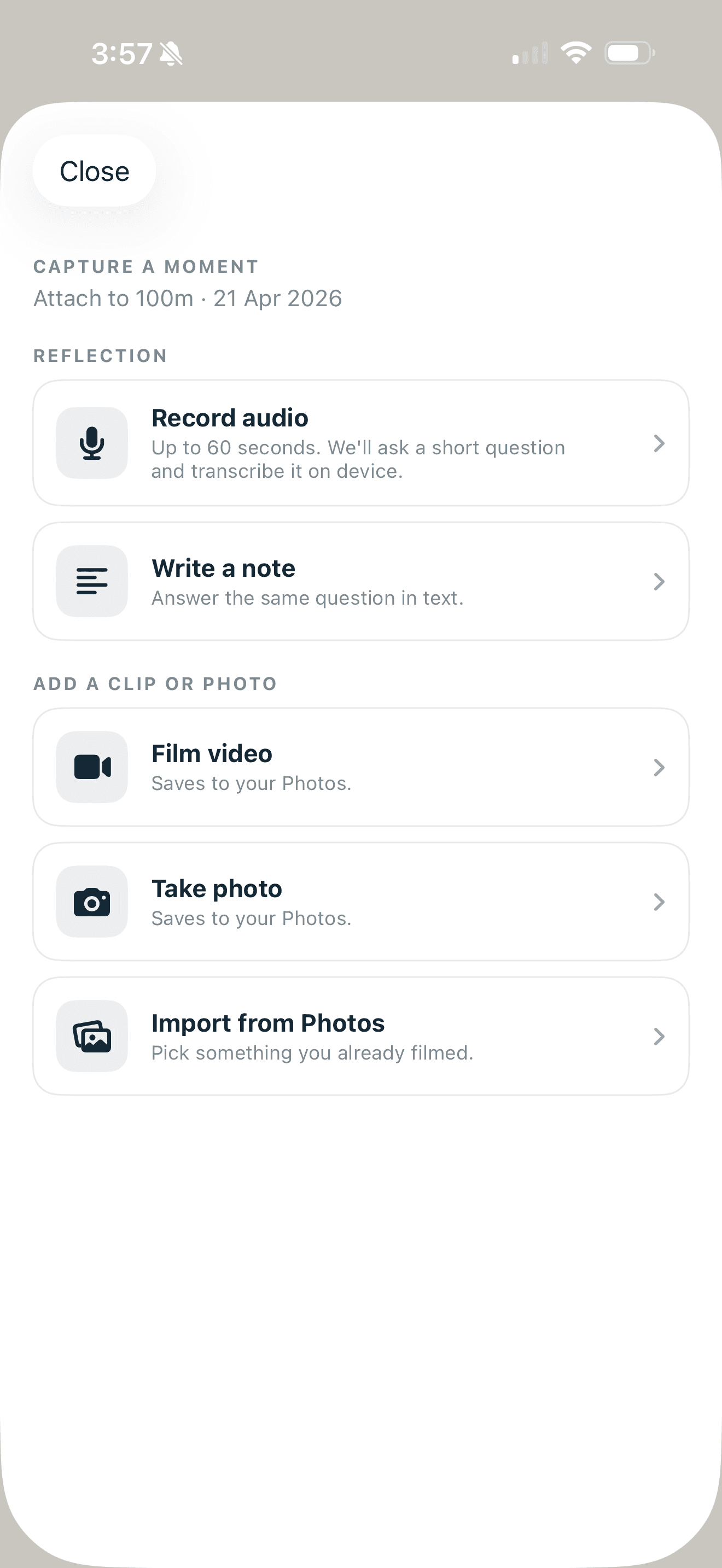 Capture a moment screen with reflection options