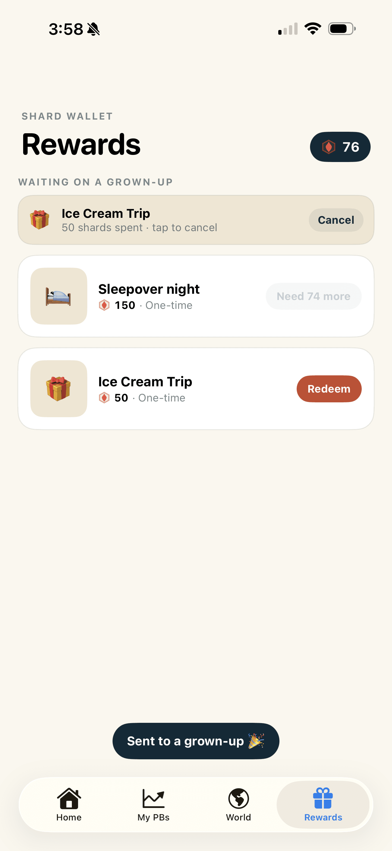 Rewards shop screen with parent-designed reward cards