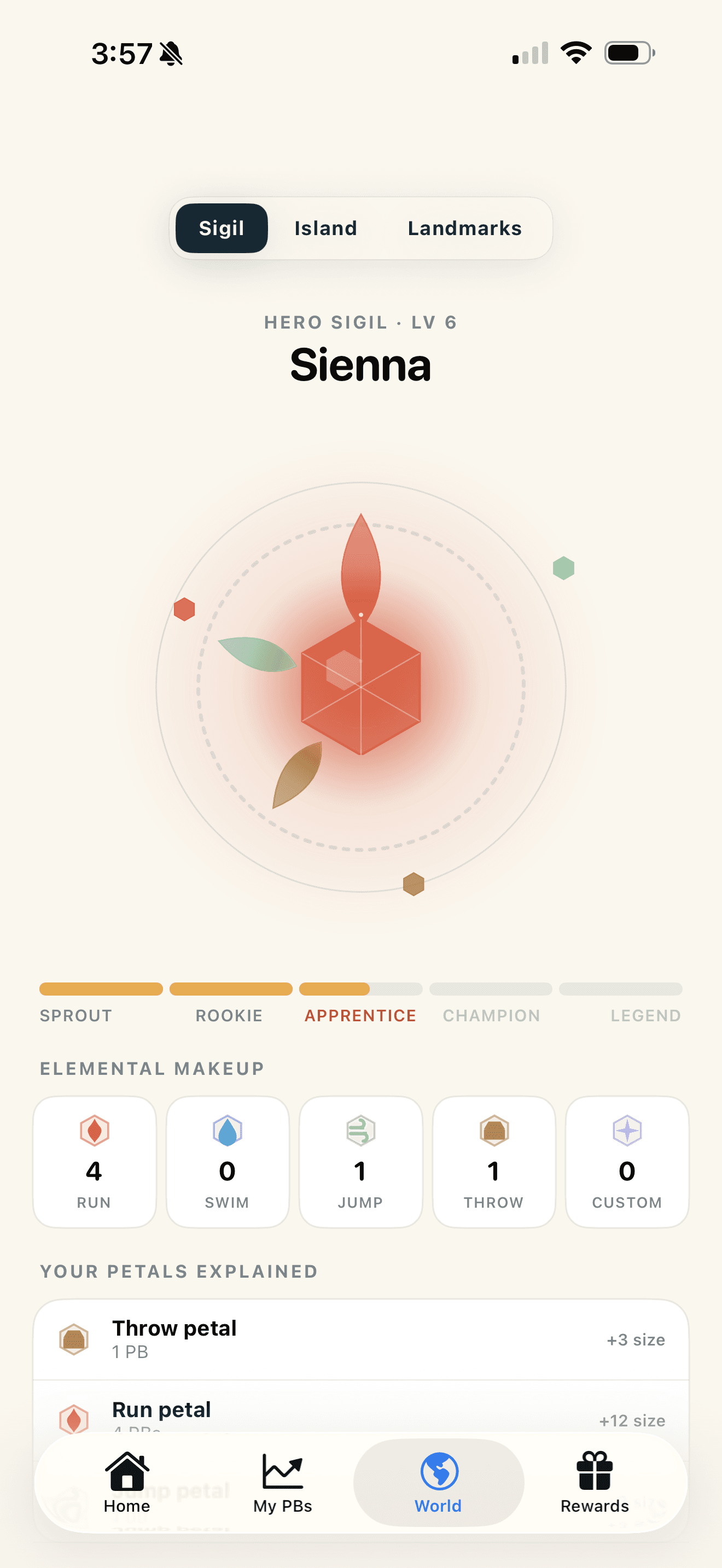 Hero sigil screen showing a child's evolving crest