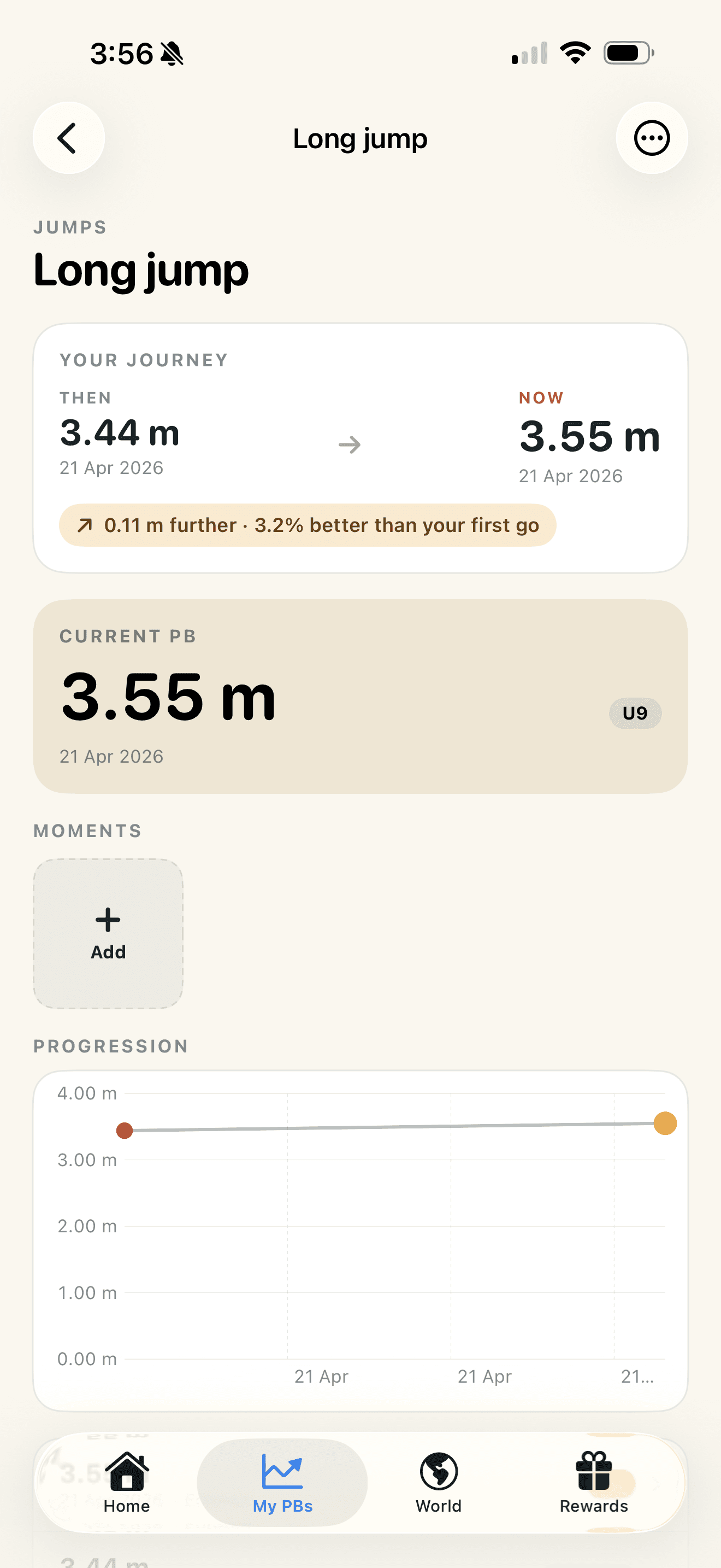 Then vs Now card showing first attempt and current PB side by side